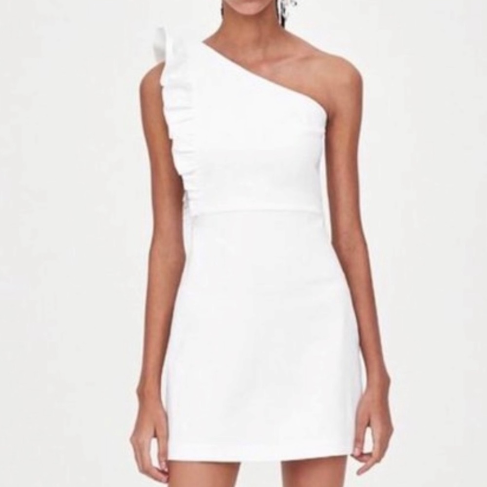 Zara White Ruffle One Shoulder Dress